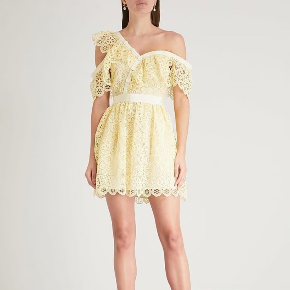 Self Portrait Guipure Frill Mini Dress, Off shoulder ruffle lace dress, Yellow